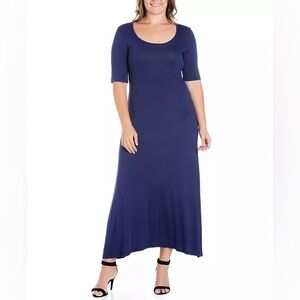 24Seven Comfort Apparel Elbow Length Sleeve Scoop Neck Navy Maxi Dress Size L